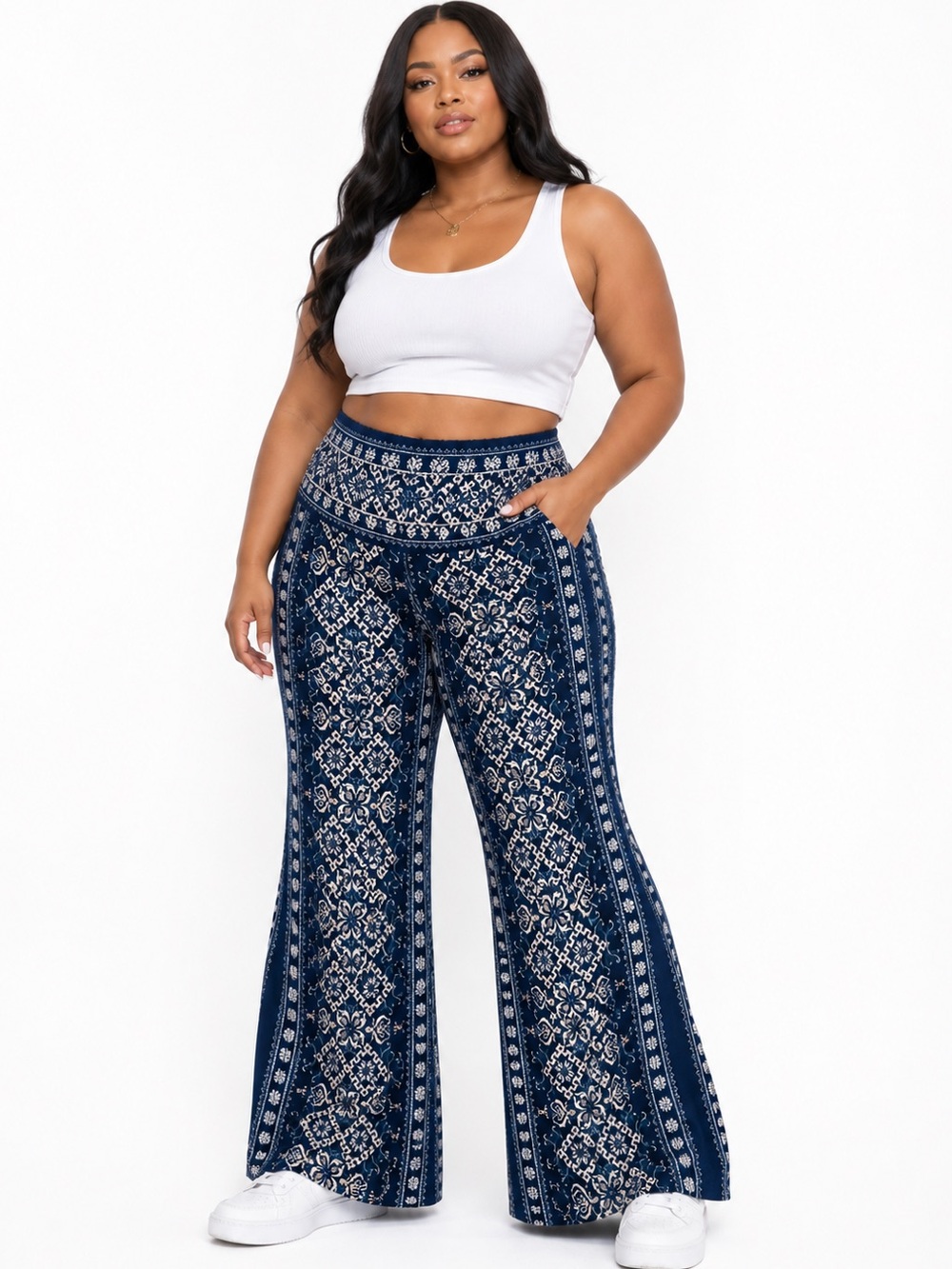 Boho High-Waisted Flare Tile-Print Navy Flare Pants Size Large